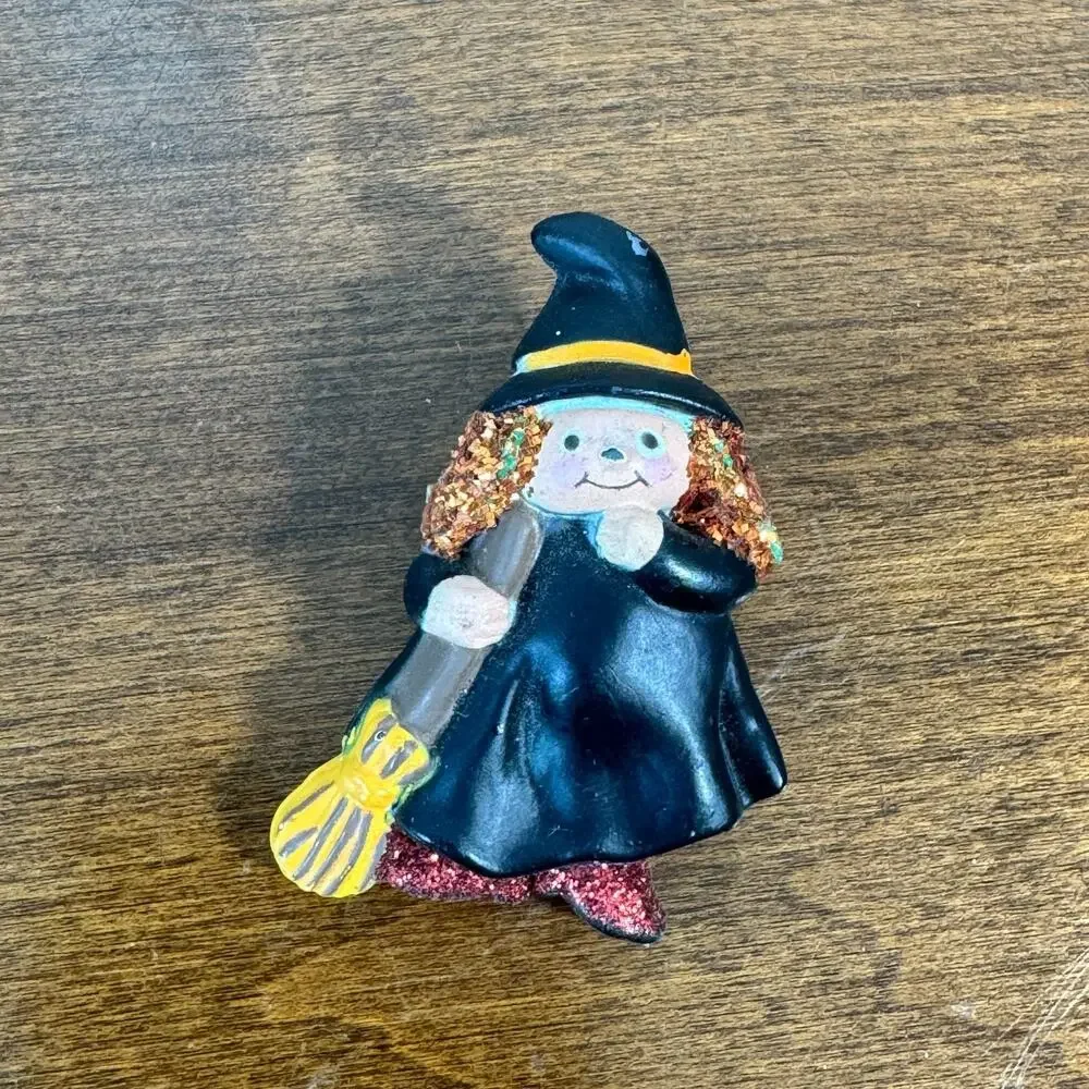 Vintage Fun World S Lehman Witch Broom Halloween Brooch Pin 9301 Glitter